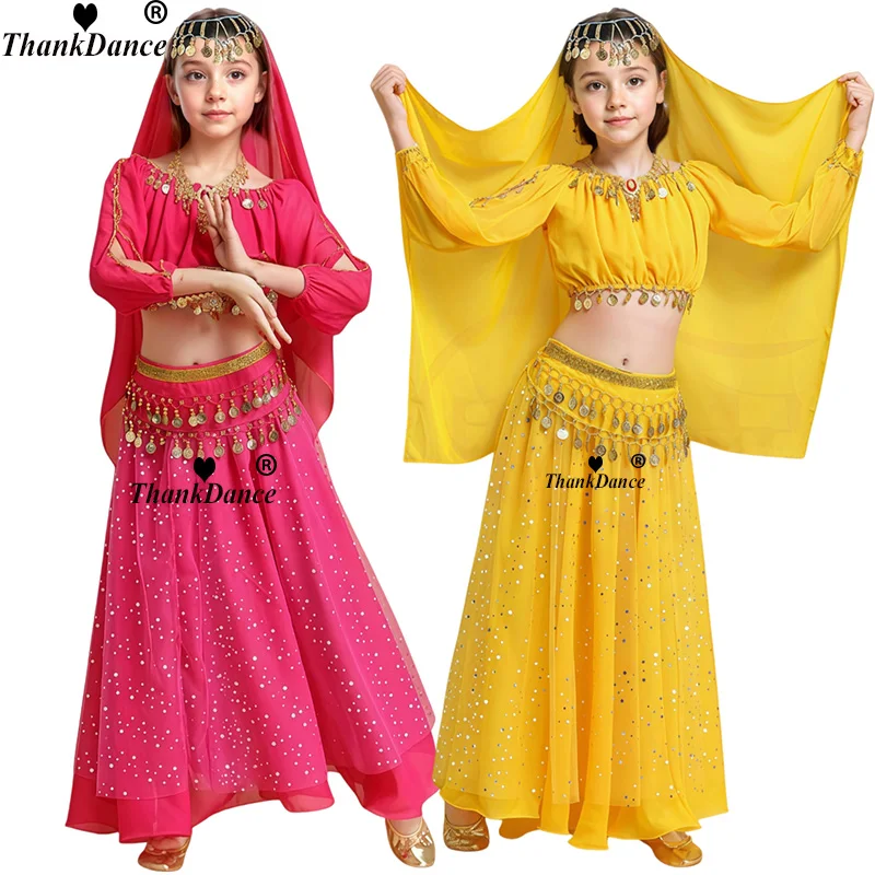 

4 шт., сценический танцевальный костюм для девочек, детские костюмы для танца живота, костюмы для танца живота для девочек, костюмы для сценического шоу, детские танцевальные костюмы