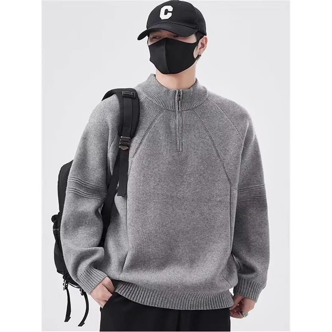 

Thiened f-High Collar Zipper Knitted Sweater Men's Autumn Winter Sports Fitn Top Trendy Commute Outerwear