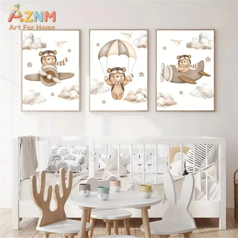 3pcs Cute Pilot Bear Airplane Parachute Canvas Wall Art No Frame Poster Print Cloud Star Neutral Baby Nursery Kids Painting