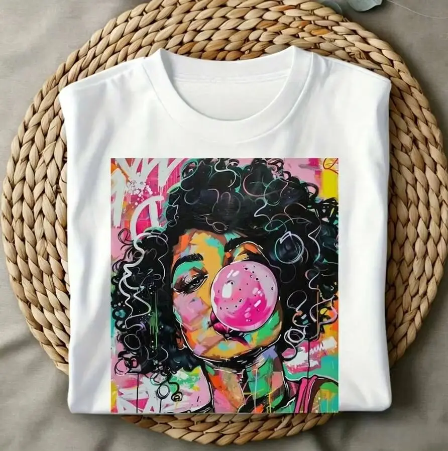 Funky Weekend Vibes Pop Art Curly Hair Girl Blowing Bubble Gum Print Women Casual Crewneck Graphic Tee Streetwear Daily Vacation