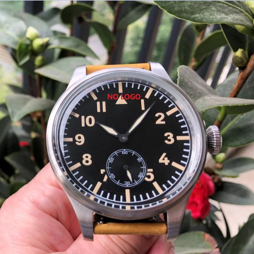 Customized New 55mm No Logo Big Black Luminous Bial Asian 6498 17 Jewels Mechanical Movement Pilot Men's Watch GR1216-23