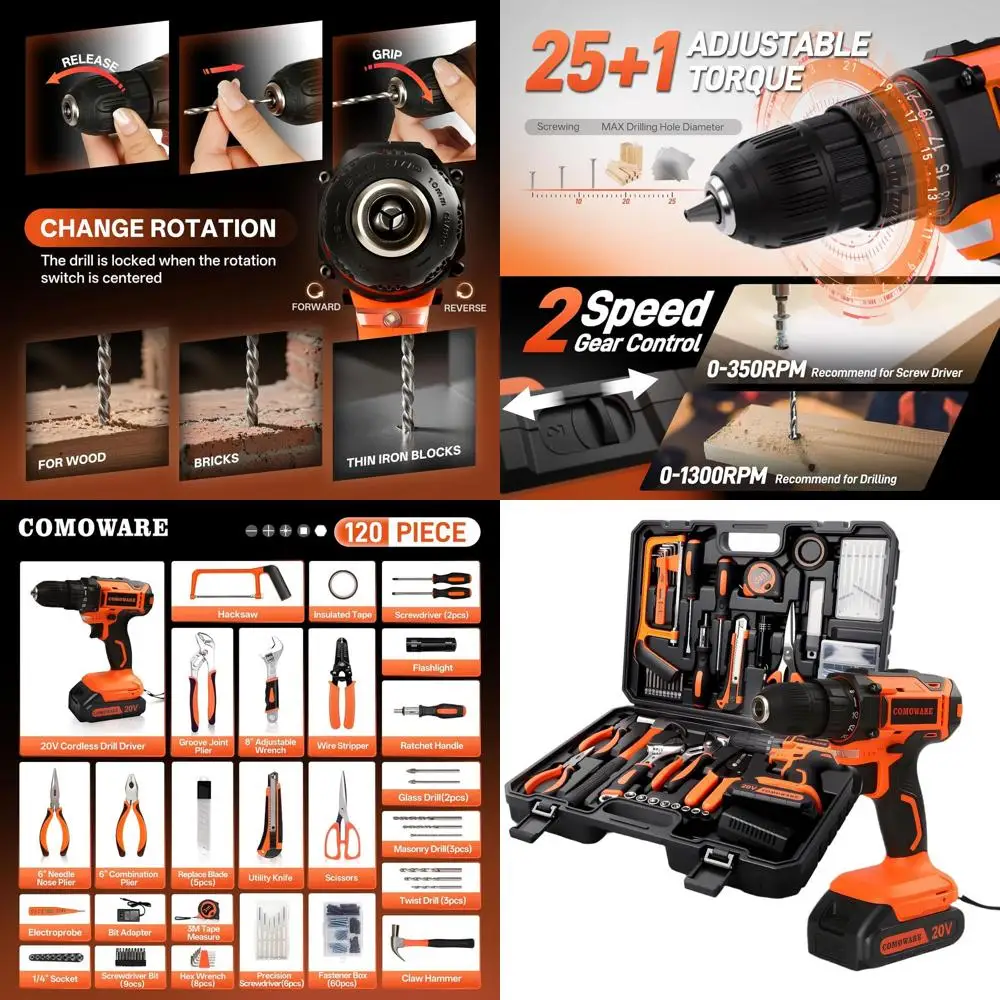 

20V Cordless Drill and 120-Piece Hand Tool Kit for Men, Plastic Toolbox Included, Perfect for Home, Garden, and DIY