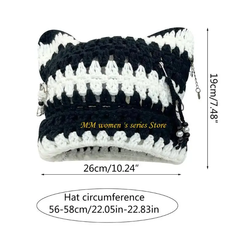 Q39C Y2K الشيطان مخطط محبوك قبعة مع مشبك ورق ديكور الشتاء قبعة ركوب الدراجات