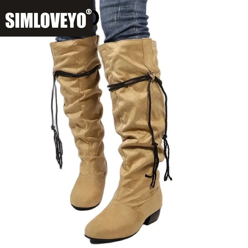 

SIMLOVEYO Flock Suede Female Knee High Boots Round Toe Chunky Heels 3cm Slip On Fringe Pleated Big Size 46 47 Fashion Daily Bota