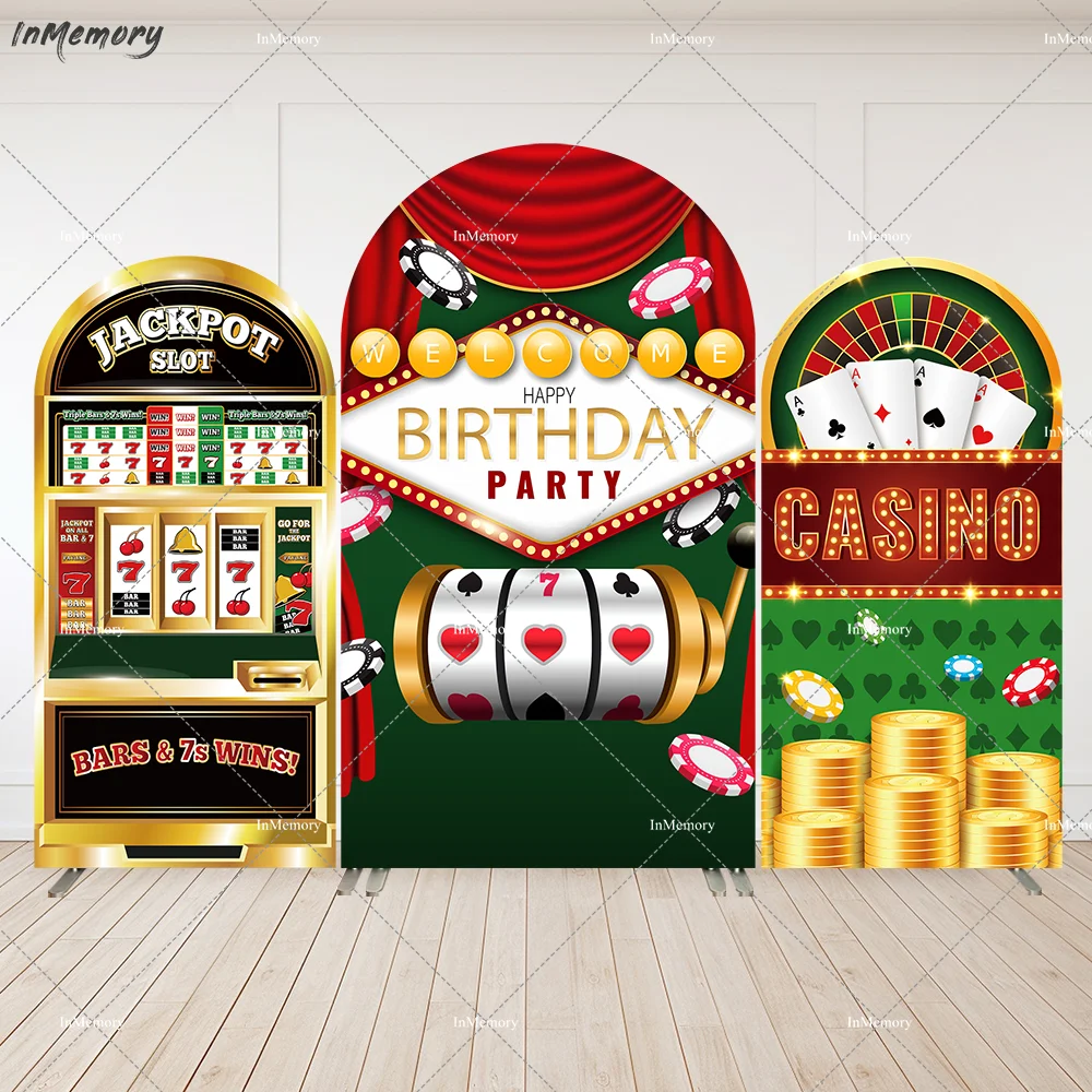 Casino theme Party Decoration Boy Birthday Arch Backdrop Cover Las Vegas Night Poker Arched Wall Background Photo Banner 2-Sided