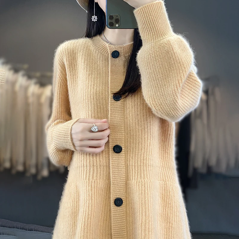 DjzDsm Autumn/Winter New 100% Merino Pure Wool Women's Waist Design Solid Color Knitted Cardigan Round Neck Soft Sweater