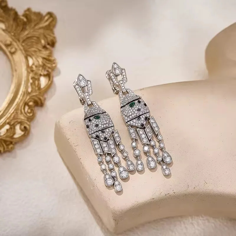 Oversized Gold Plated Bling Tassel Panther Matching Set Full Paved CZ Statement Necklace Drop Earrings Women Banquet Accessory