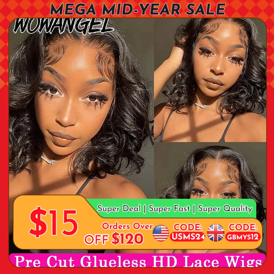 Wow Angel-Pre-Cut Glueless HD Lace Encerramento Peruca para Mulheres, Perucas de Onda Corporal, Peruca Curta Bob, Cabelo Humano 250%, Pele Derreta, Pronto a Vestir
