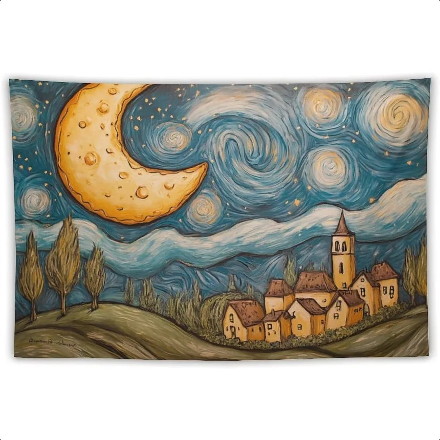 

Cheesy Moon Starry Night A Playful Van Gogh Parody Art Print Wall Tapestry Art for Home Decorations Dorm Decor Living Room Tape