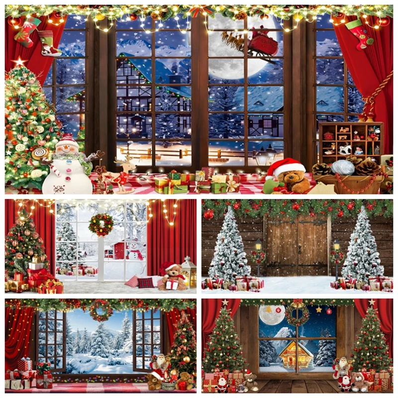 Merry Christmas Backdrop Window Santa Claus Gifts Baby Photo Photographic Party Decor Photography Background Photo Studio Props