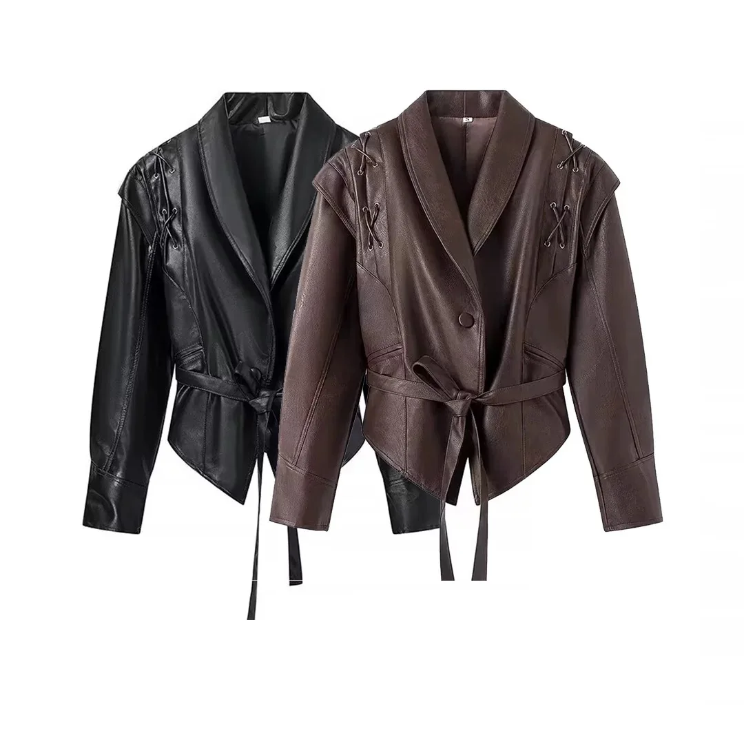 ZBZR Jesienna Nowa Kolekcja Damska Modny Krój Slim Fit Brązowy Skórzany Płaszcz Żakietowy Elegancki Design Ciepły Poliester Długi Rękaw