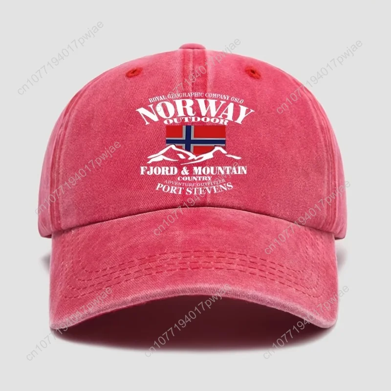 Klassieke gewassen baseballpet met "Norway" printpatroon op de hoed. Verstelbare hoed, ideale zonnehoed voor buitenactiviteiten, unisex