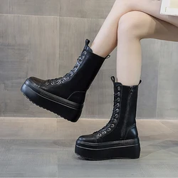 Women's Mid-Calf Boots 2025 Autumn Winter Genuine Leather Platform Boots Women Shoes Thick Sole Ladies Warm Plush Winter Boot