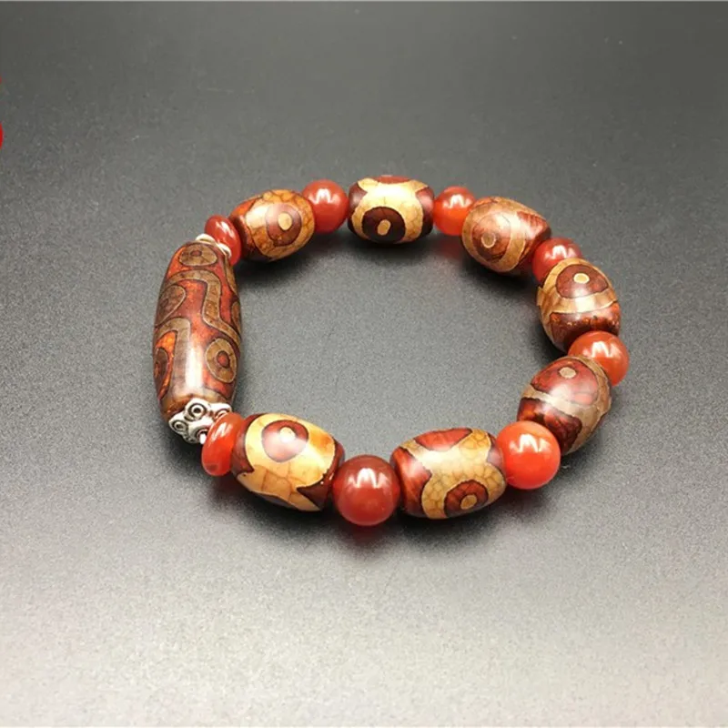 Natural Stone Tibetan Three-Eyed Nine-Eyed Dzi Bead Bracelet Sky Eye Agate Ladies Men's Bracelet Tibetan Buddha Bead Bucket Bead