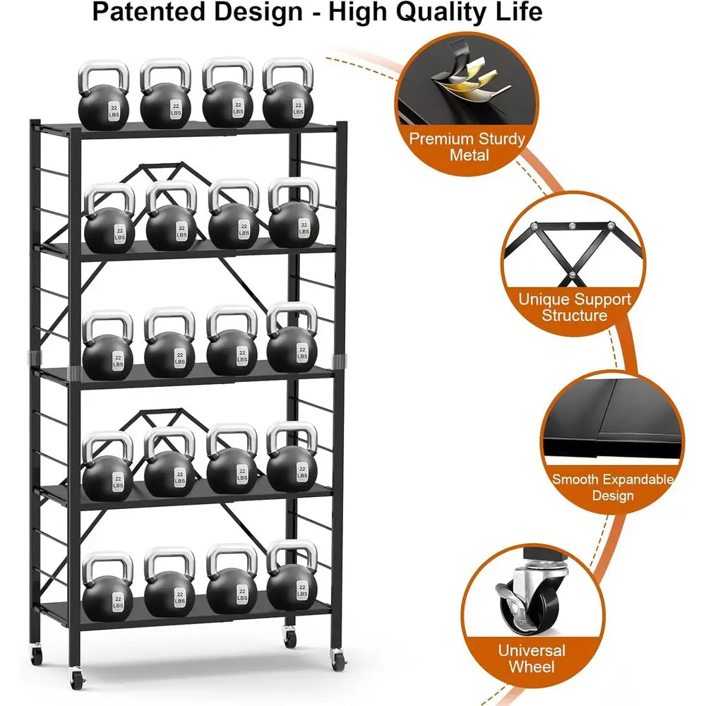 Opvouwbare metalen opbergplanken met 5 niveaus en wielen, verstelbare rekken voor voorraadkast, keuken, garage