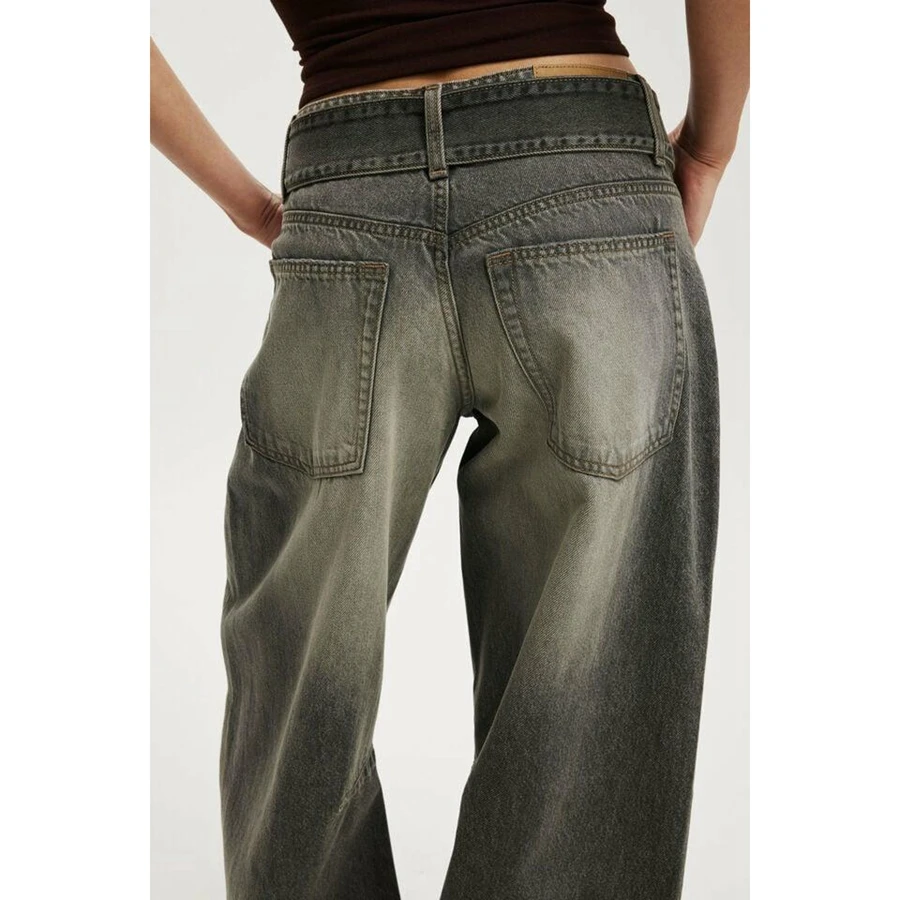 Damskie jeansy typu barrel z paskiem w stylu Y2K vintage, modne, codzienne, z gradientem kolorów, z niskim stanem, luźne, długie spodnie dżinsowe z kieszeniami.