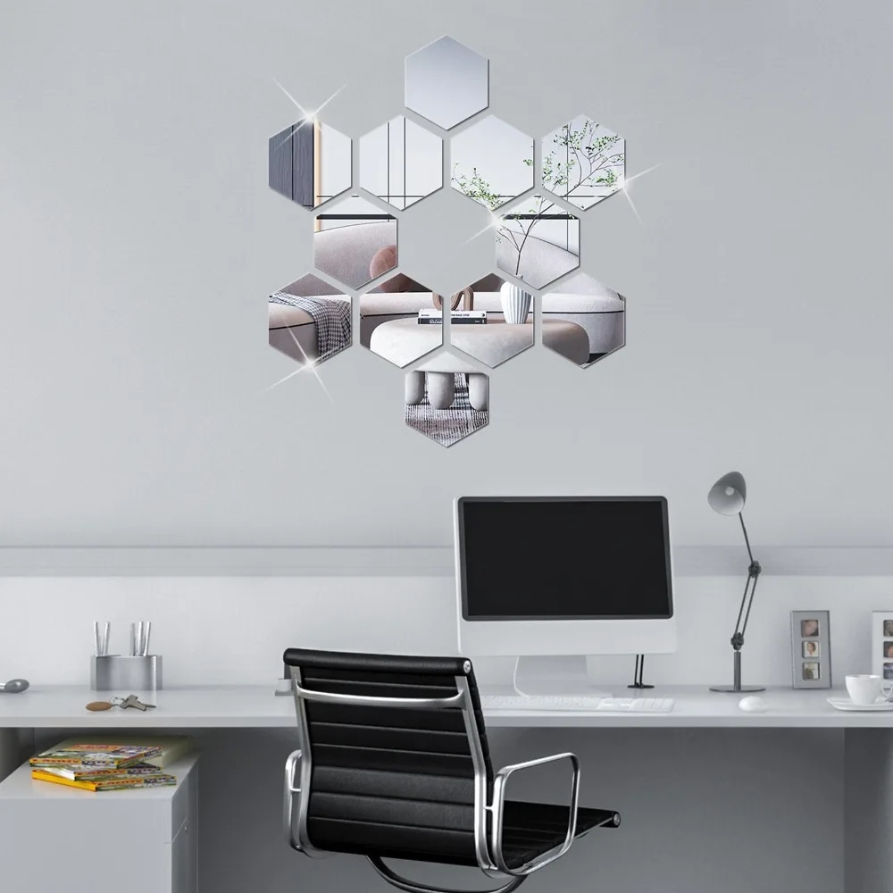 12pcs Acrylic Hexagon Mirror Wall Sticker with Protective Film 3.15×2.76×1.57in Acrylic Mirror Decal Hexagon Silver
