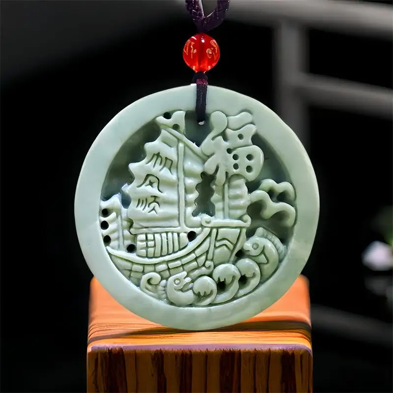 

Natural Real Jade Sailboat Pendant Necklace Stone Carved Jewelry Gemstones Gift Chinese Fashion Talismans Vintage Designer