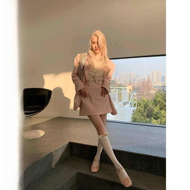 

Pink Suit Set High Waist Skirt Two Piece Set Korean Sle Spring Faion Women's Clothing 8-25 Years Old Spring Collection