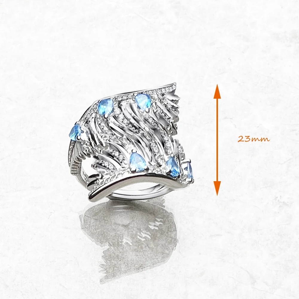 Ring Phoenix Wing with Blue Stones Europe Style Bohemia Fine Jewelry For Women Brand New Pure 925 Sterling Silver Gift