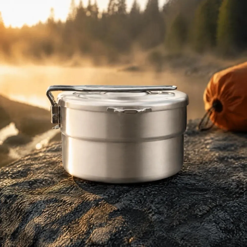 Durable 1.5L Camping Cook Pot Folding Handle With Lid 304 Stainless Steel Lunch Box Practical Outdoor Cookware Picnic