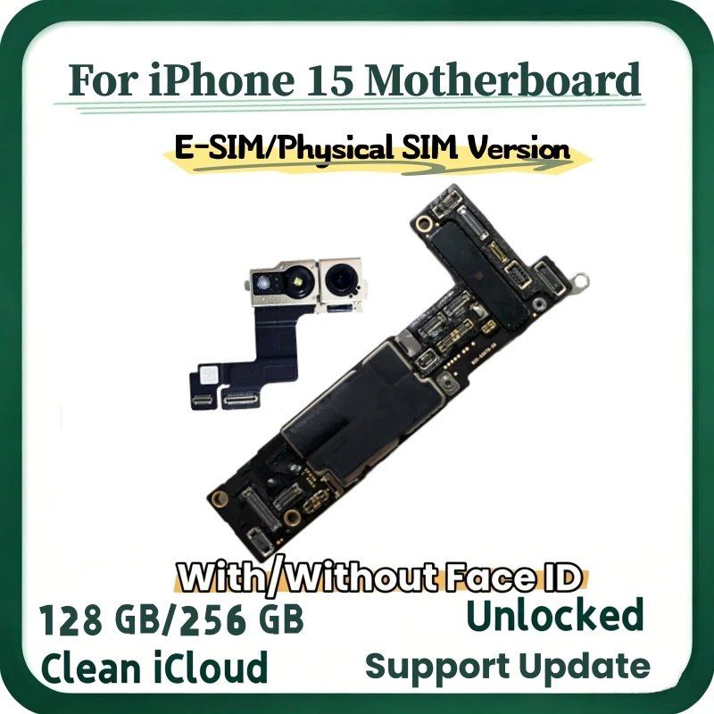 Placa Base para iPhone 15 Completamente Probada, Desbloqueada, con/sin Face ID, 128GB/256GB, iCloud Limpio, con Chips Completos