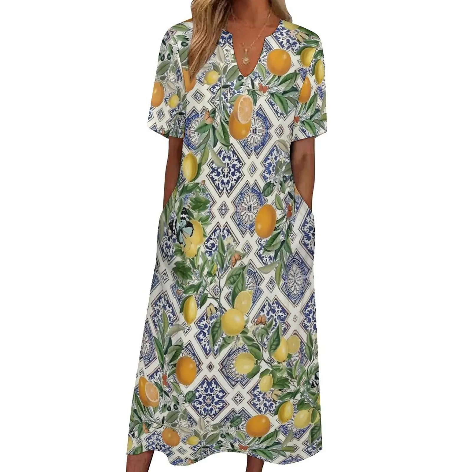 Lemon Dress Tiles and Citrus Fruit Night Club Maxi Dress V Neck Graphic Bohemia Long Dresses Streetwear Big Size Vestido