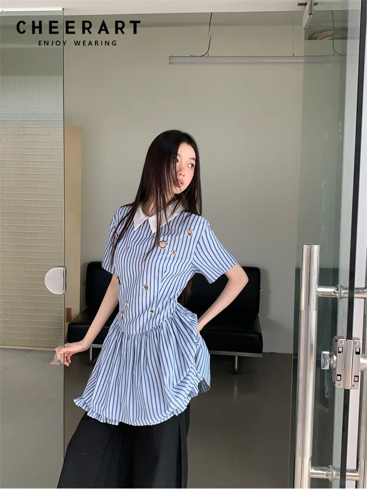 CHEERART Preppy Blue And White Striped Short Sleeve Dress Polo Collared Hollow Out Rings Mini Shirt Dress Women 2024 Summer