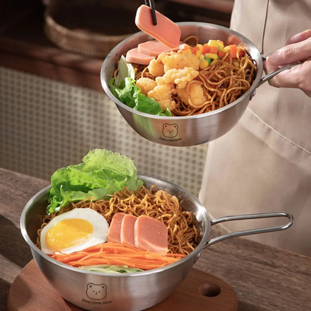 Cuenco de fideos coreano con diseño de oso duradero, ensaladera de acero inoxidable 304 a prueba de golpes, sartén de Paella doble/single handle para cocinar