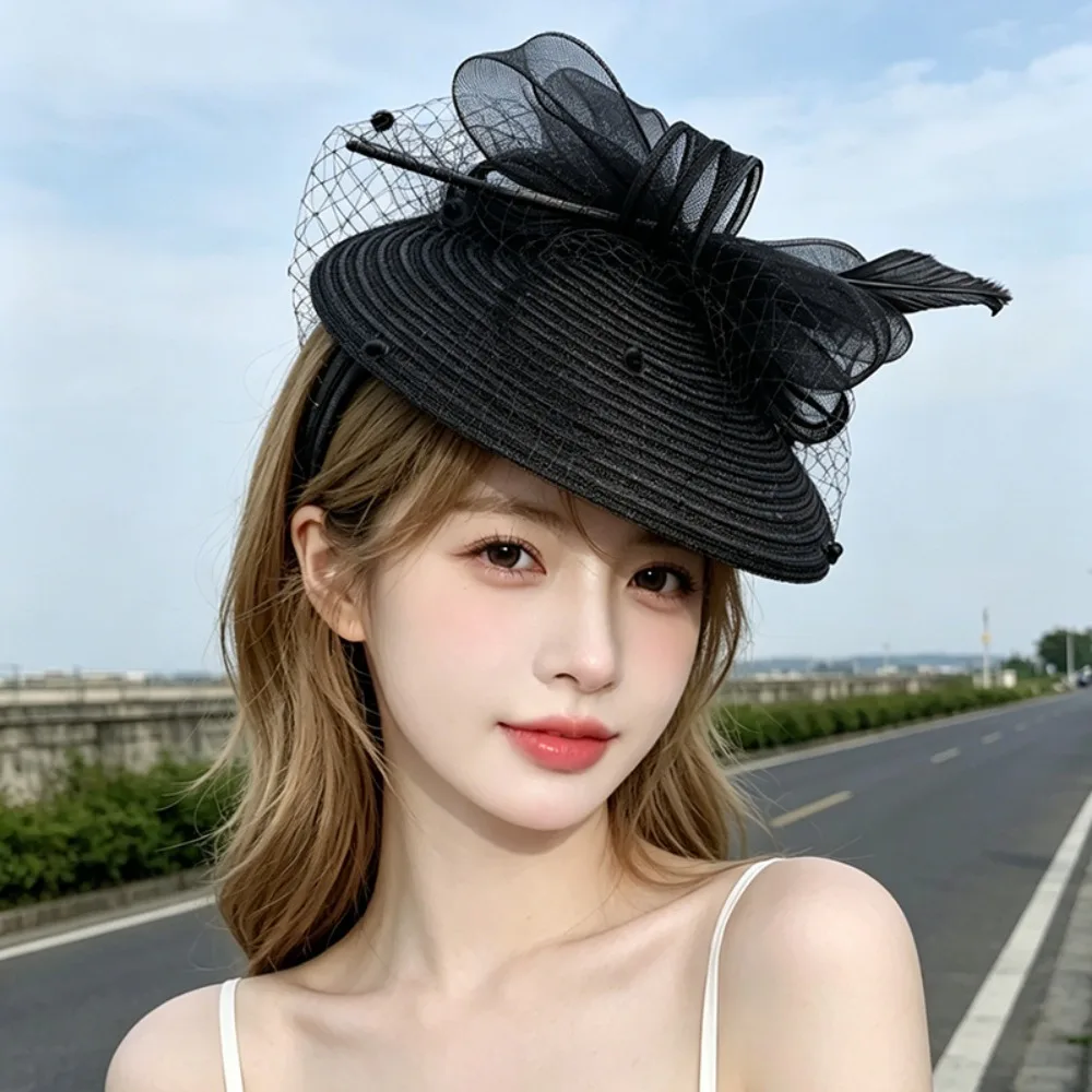 Exquisite Mesh Bow Headband Elegant Wide Brim Vintage Fascinator Hat Formal Hat Retro Mesh Small Top Hat Stage Performance