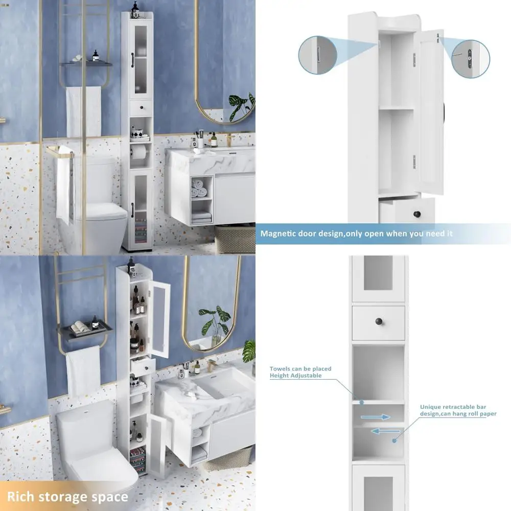 

White Slim Tall Bathroom Storage Cabinet with 2 Frosted Doors and 8 Adjustable Shelves for Small Spaces