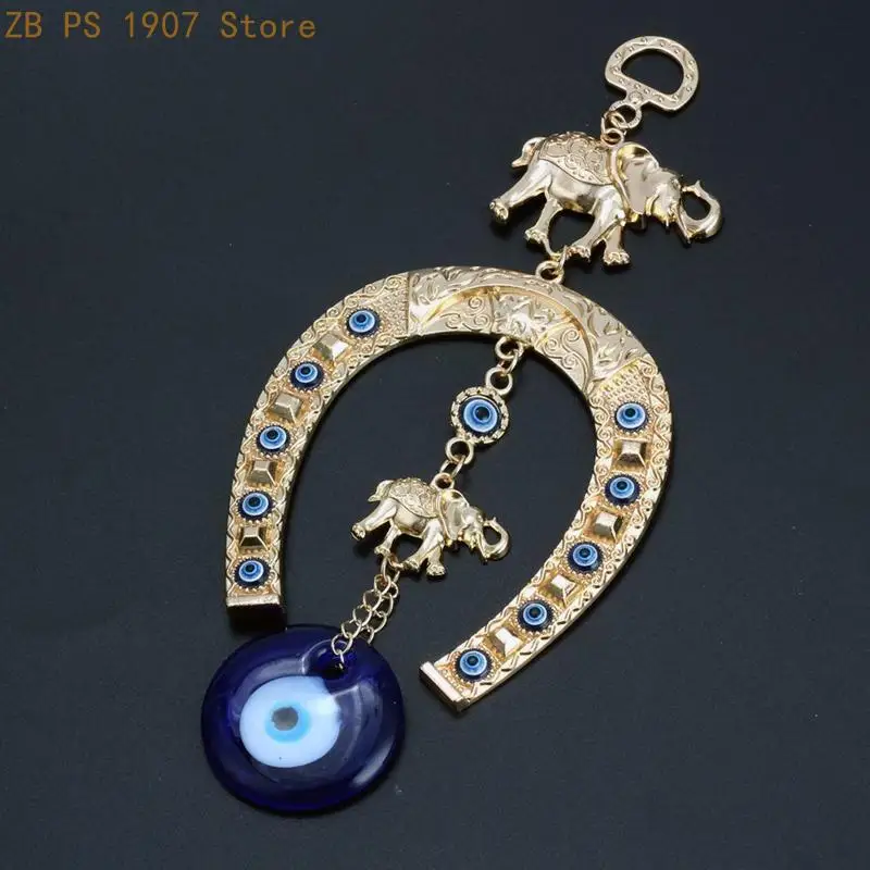 Turkish Blue Eye Horseshoe with Elephant Ribbon Ethnic Wall Hanging Lucky Pendants Wind Chimes Home Car Decorations 55KA