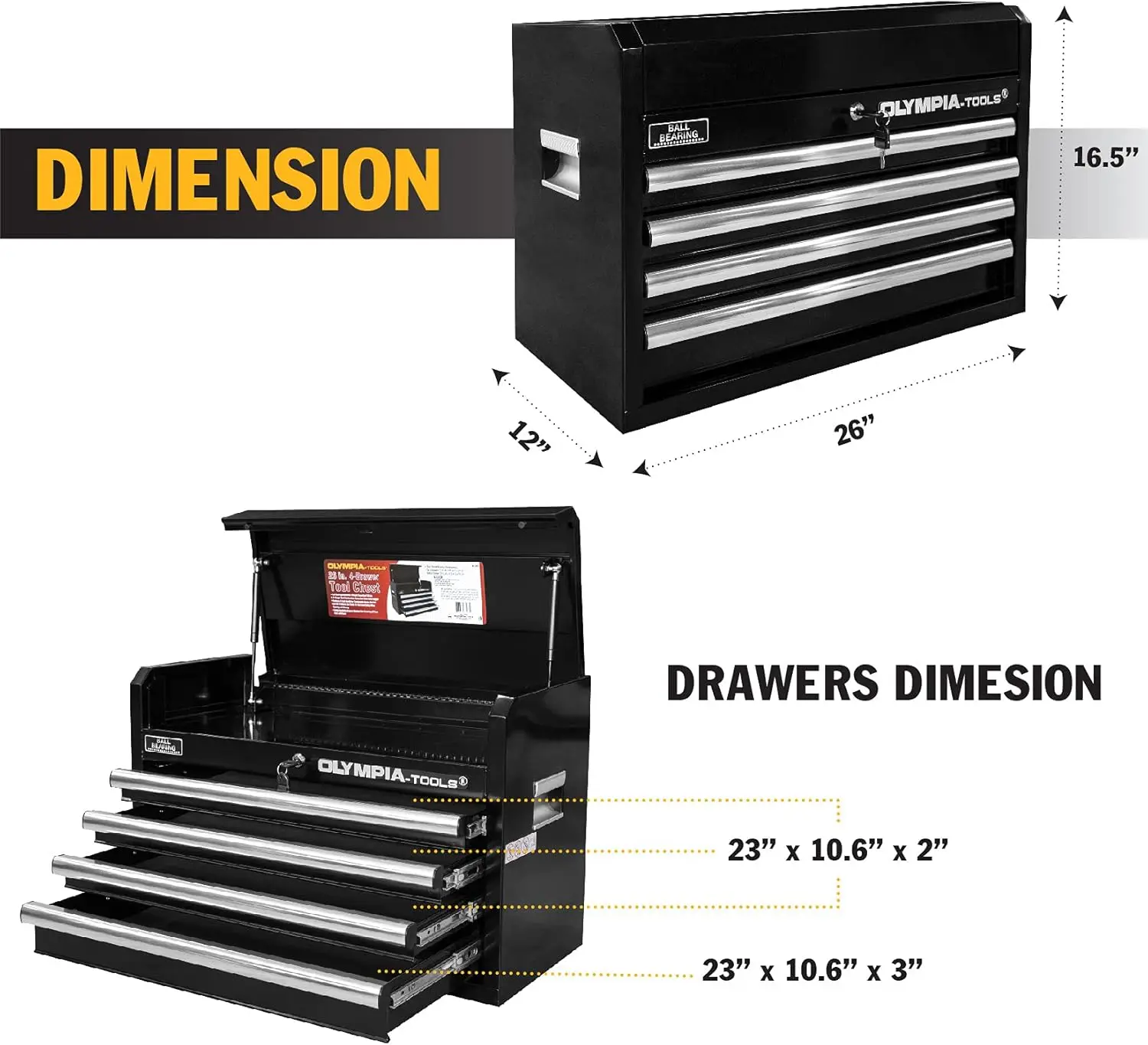 Caja de herramientas de Metal portátil con cajones, cofre de herramientas, gabinete, rodamiento de bolas, cajones deslizantes de bloqueo, 26"