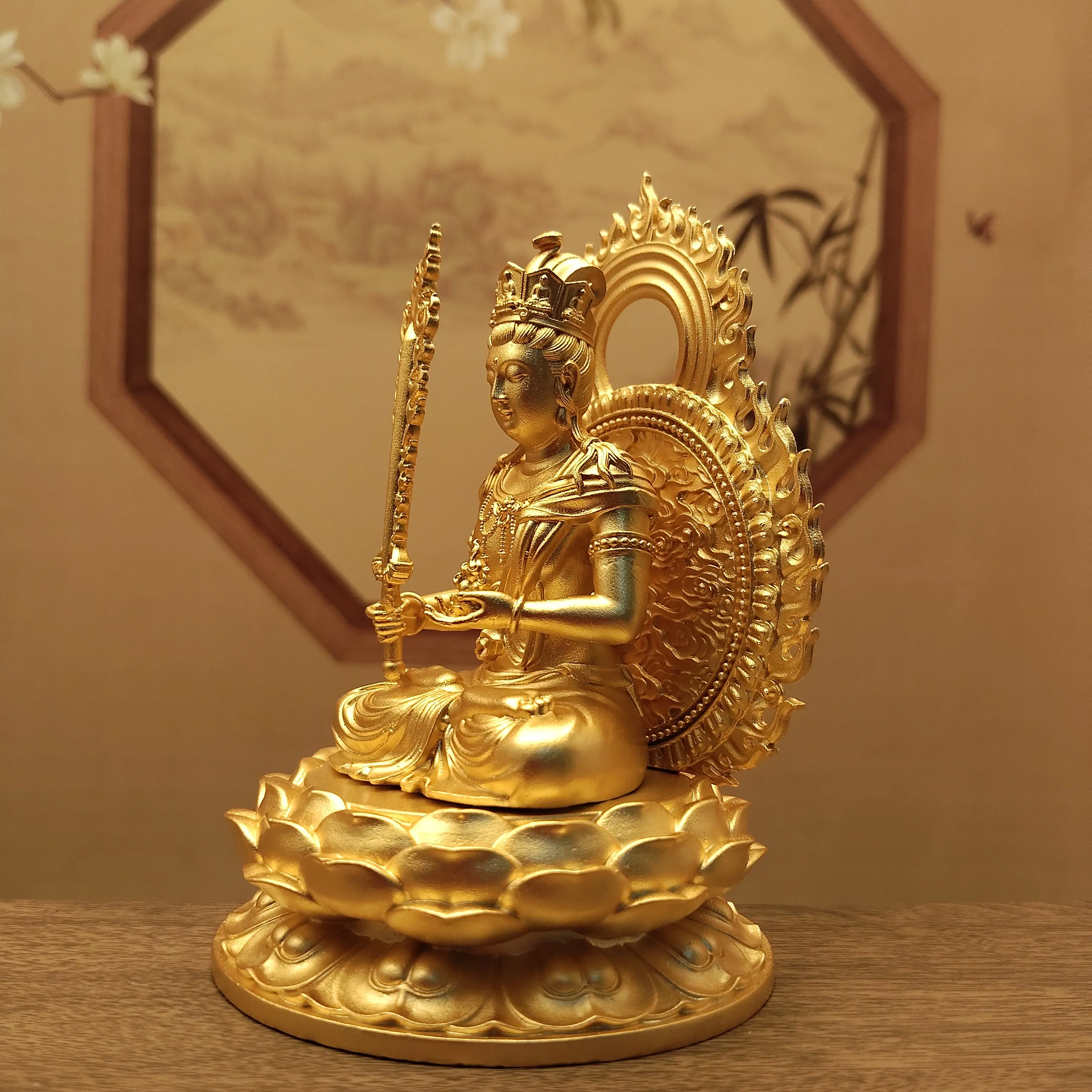 Tibetan Vajrayana Gold-Plated Akashagarbha Bodhisattva Eight Protectors Statue 10cm Home Altar Blessing Career