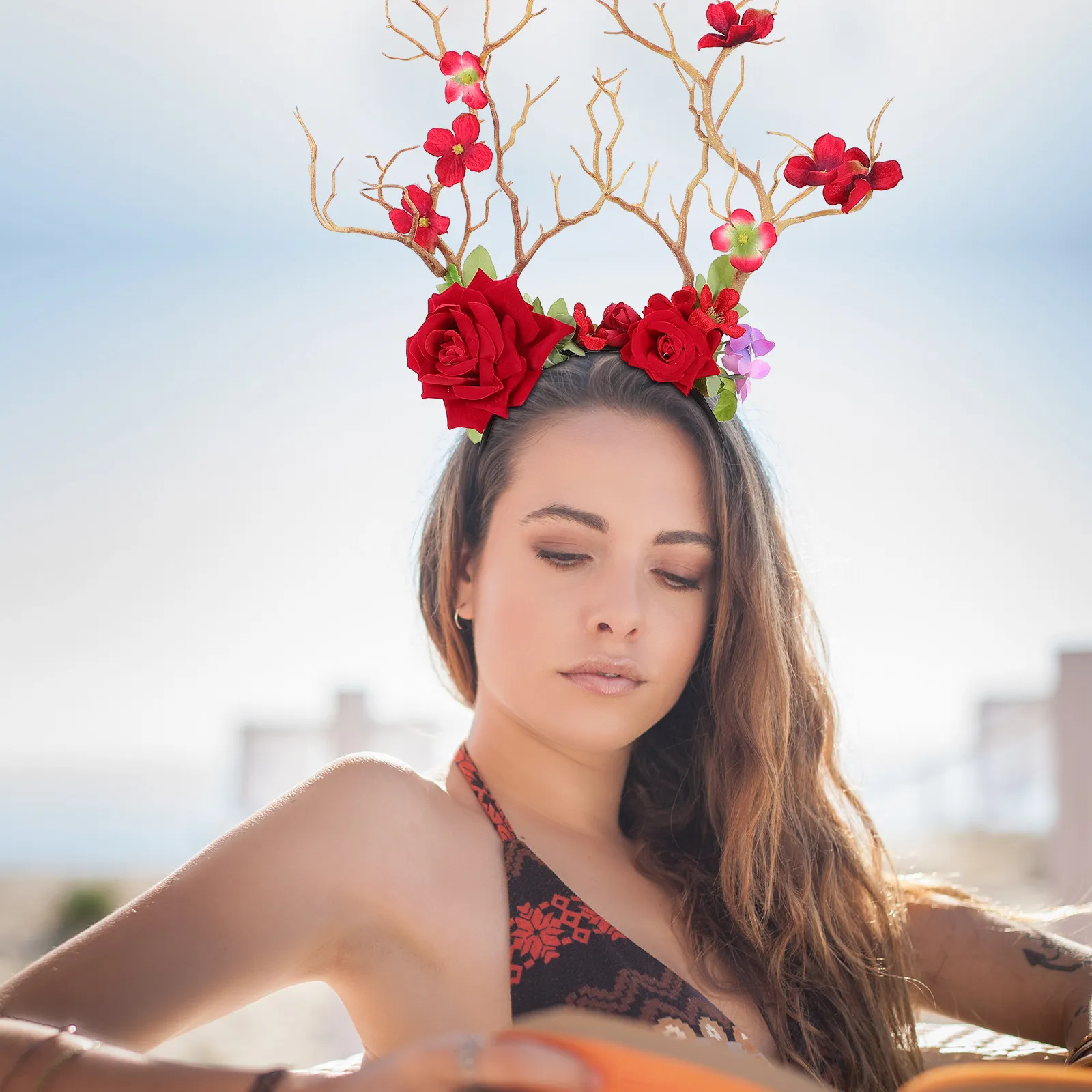 

1Pcs Deer Horn Flower Hairband Durable Festival Party Headdress Headwear Prop Lightweight Decorative Hairband for Carnival