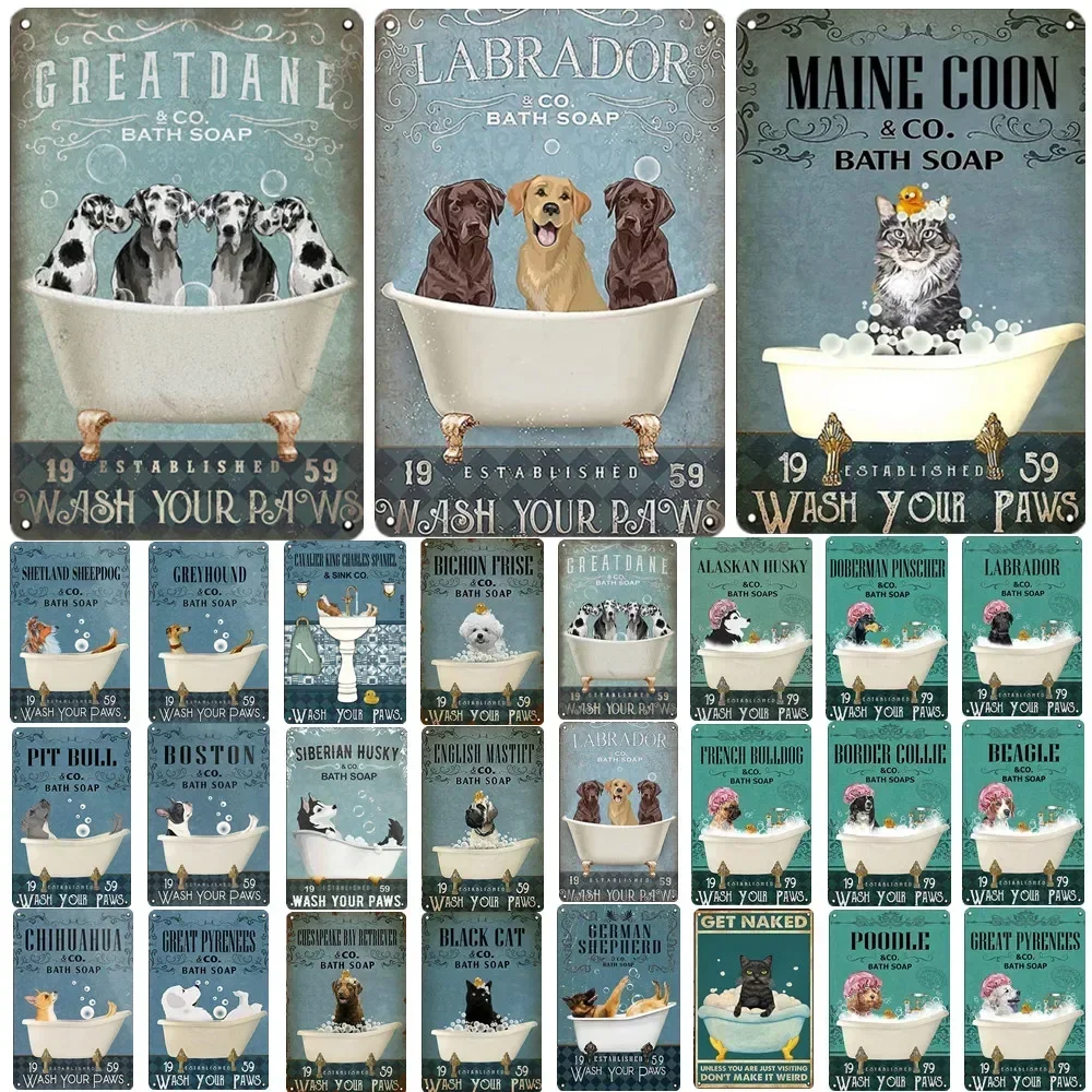 Funny Bathroom Dog Metal Poster Vintage Plate Bathe Dalmatians Labrador Tin Sign Art Painting Metal Sign Plaque Home Accessor