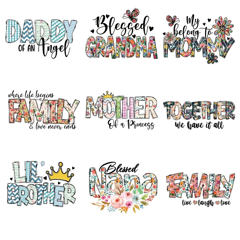 9 pezzi warm family DADDY MOMMY TOGETHER nonna Letter Iron On DTF Heat Transfers Stickers pronto per la stampa per t-shirt