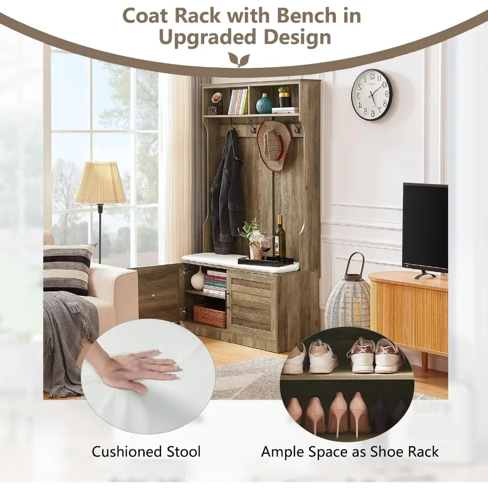 مقعد مدخل مقاس 71 بوصة مع خزائن تخزين ورف معطف ومقعد خشبي لغرفة الطين للممر