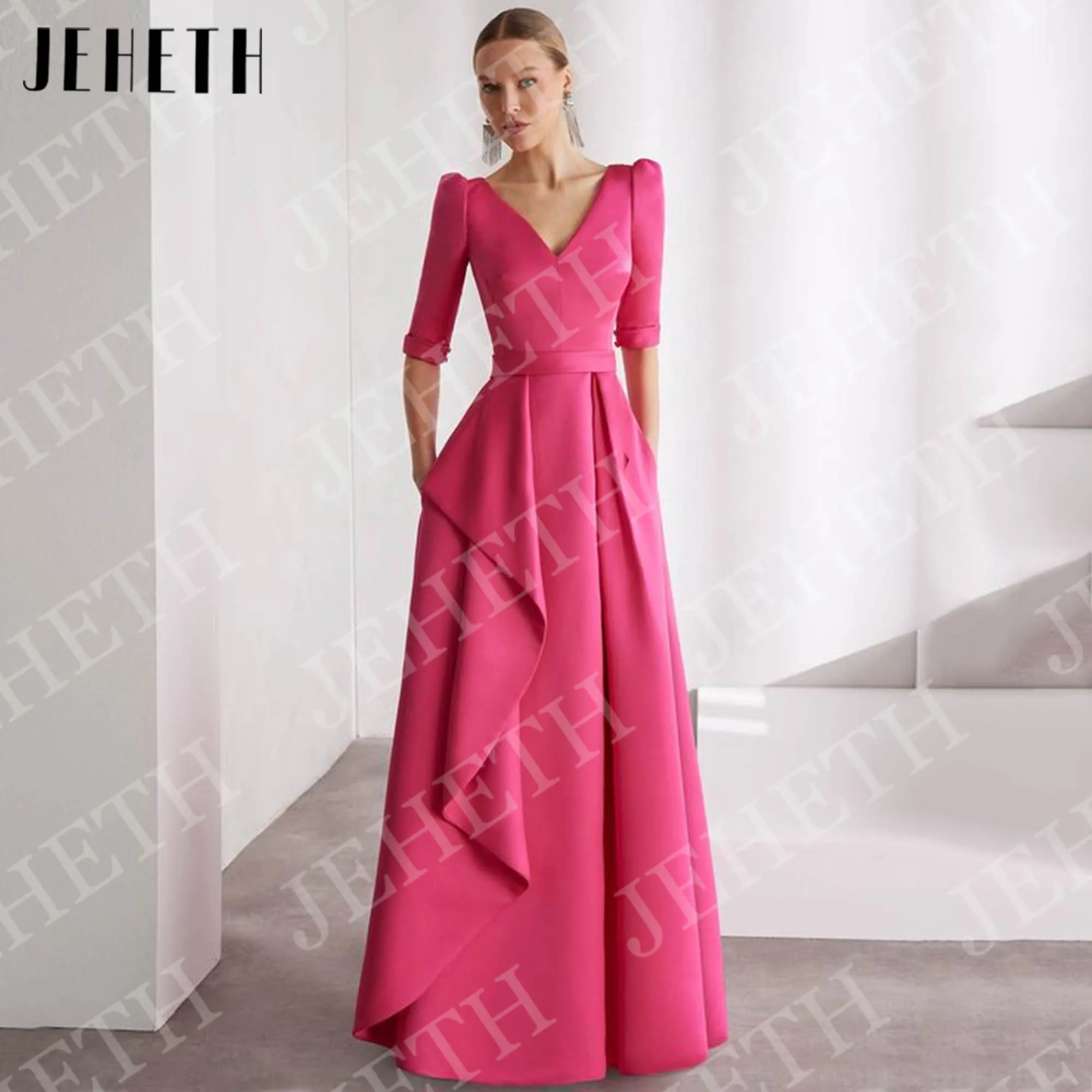 

JEHETH Fuchsia Evening Dresses Long Satin Ruffle A Line Half Sleeve Elegant V Neck Formal Occasion Dress with Pockets Customized