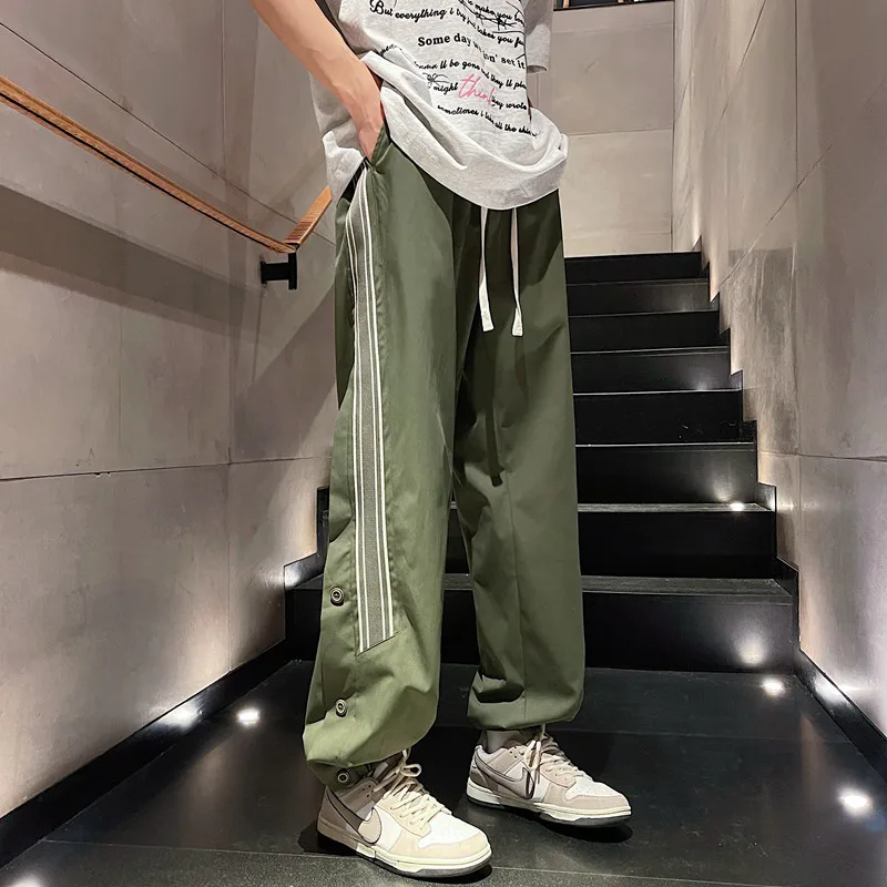 2024 New Casual Pants for Men's Summer Side Button Sports Pants Loose Quick Drying Ice Silk Fashion Hip Hop Leggings