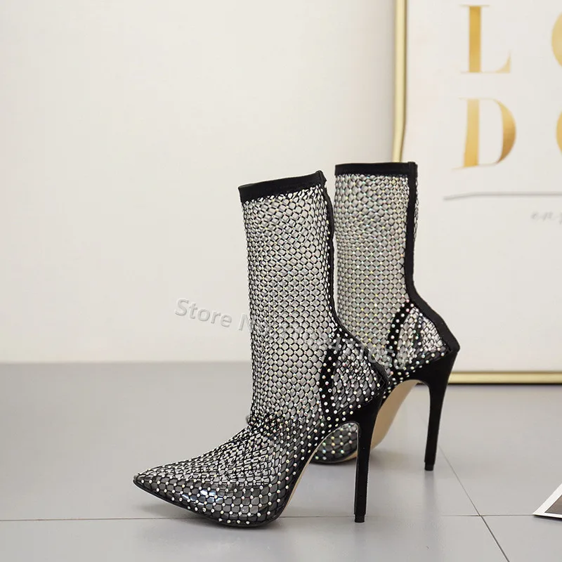 

Sexy Hollow Nets Sock Boots for Women, Black Pointed Toe, Thin Heels, Summer Short Boots, Bling Diamond Rhinestone, High Heels