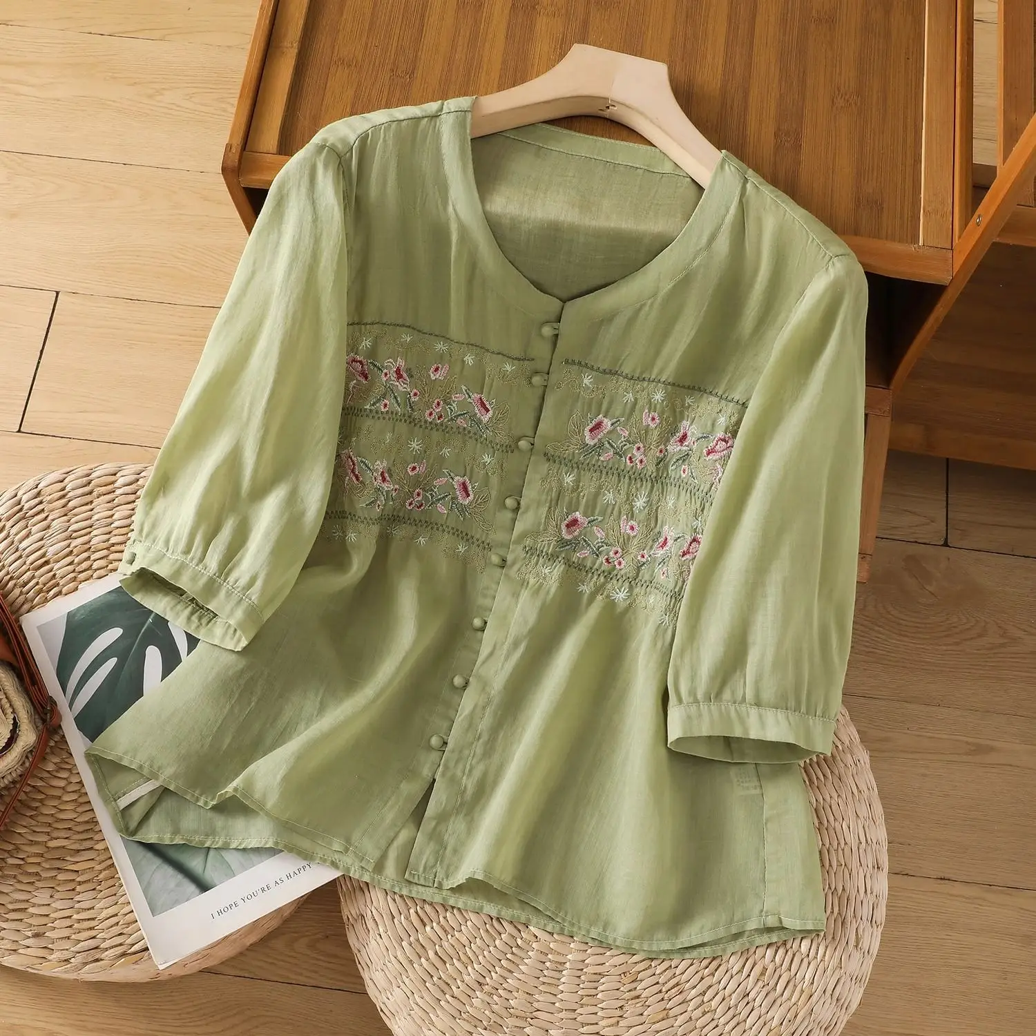 Retro Cotton and Linen Embroidered Seven Part Artistic Shirt Summer Versatile Loose Casual Top
