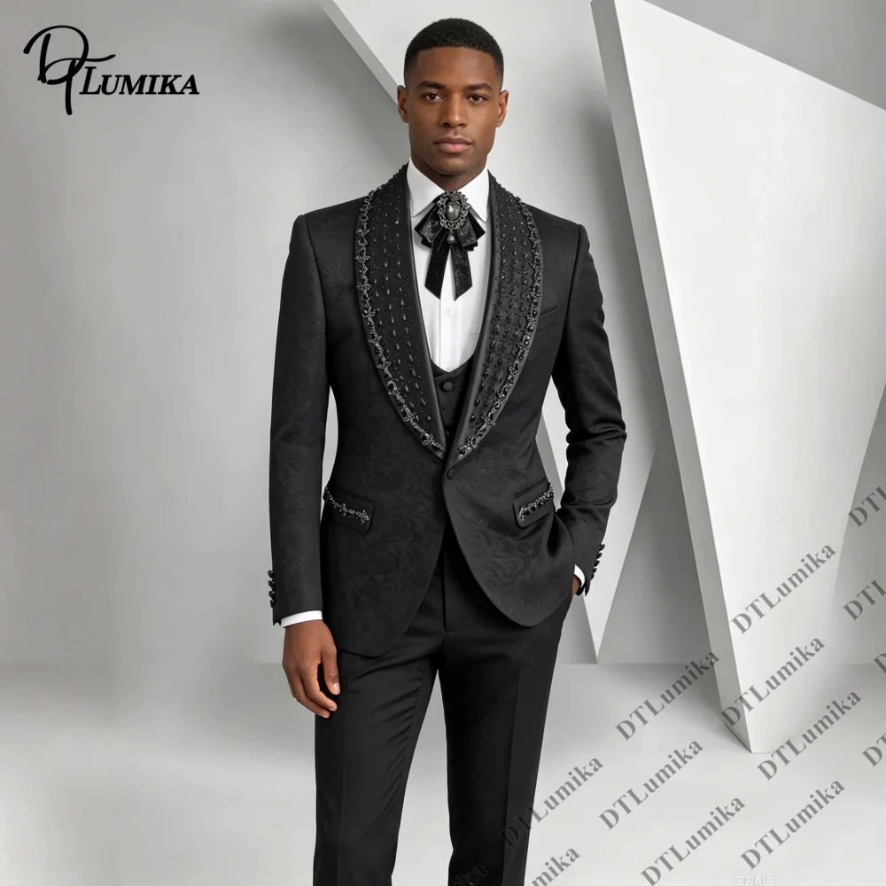 Butterfly Floral Embossd Banquet Formal Suit for Men Three Piece Crystals Lapels Wedding Suits for Men XXS-7XL Jacket Vest Pants