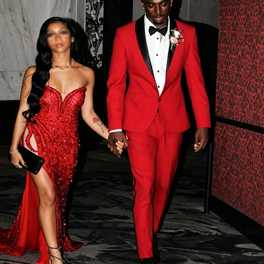 Matching Couple Red Formal Outfit Men's Black Satin Lapel Tuxedo Single Button Jacket+Pants with Black Trim 2 Piece Set