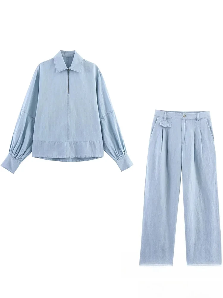 

KONDALA повседневный шикарный женский джинсовый костюм, однотонный топ с отложным воротником и длинными рукавами, длинные прямые брюки на молнии, модные осенние костюмы 2025 г.