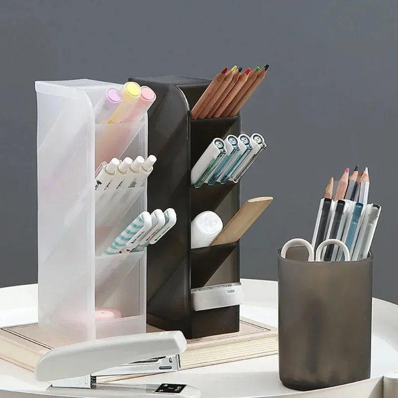 Office School Desk Organizer with 4 Compartments High Volume Space Saving Holds Pens Makeup Brushes Black Transparent Frosted