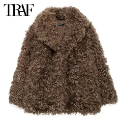 TRAF Fleece Coat Outerwears Women 2024 Autumn Winter Brown Teddy Jacket Ladies Fashion Long Sleeve Casual Furry Long Coat