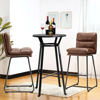 Table and Chairs Dining Set, Black Steel Round Bar Table with Soild Elm Wood Top and Brown Leatherette Bar Stools for Breakfast