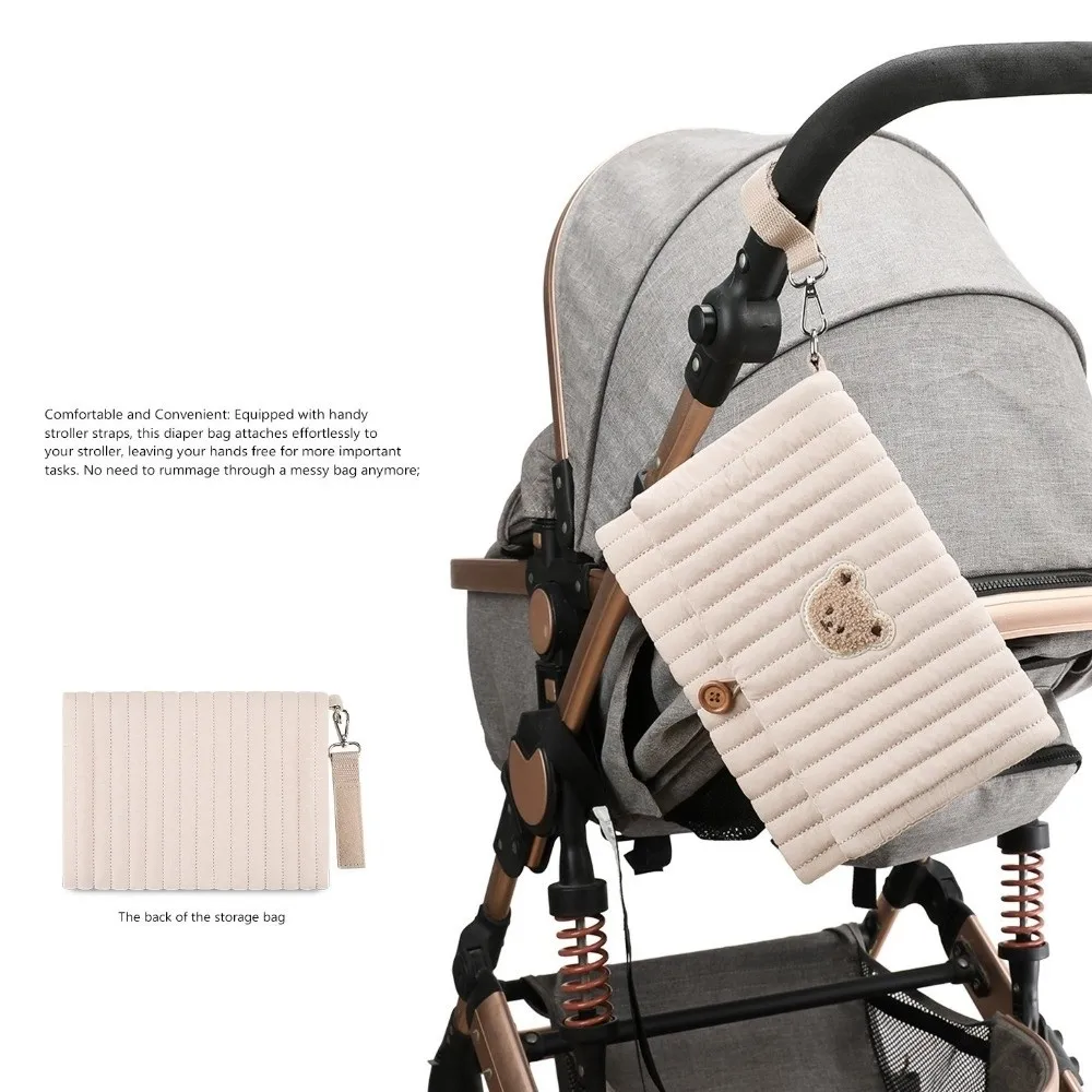 Cute Baby Hanging Diaper Bag Multi-Compartment Cartoon Bear Foldable Storage Pouch Cotton Multiple Solid Colors