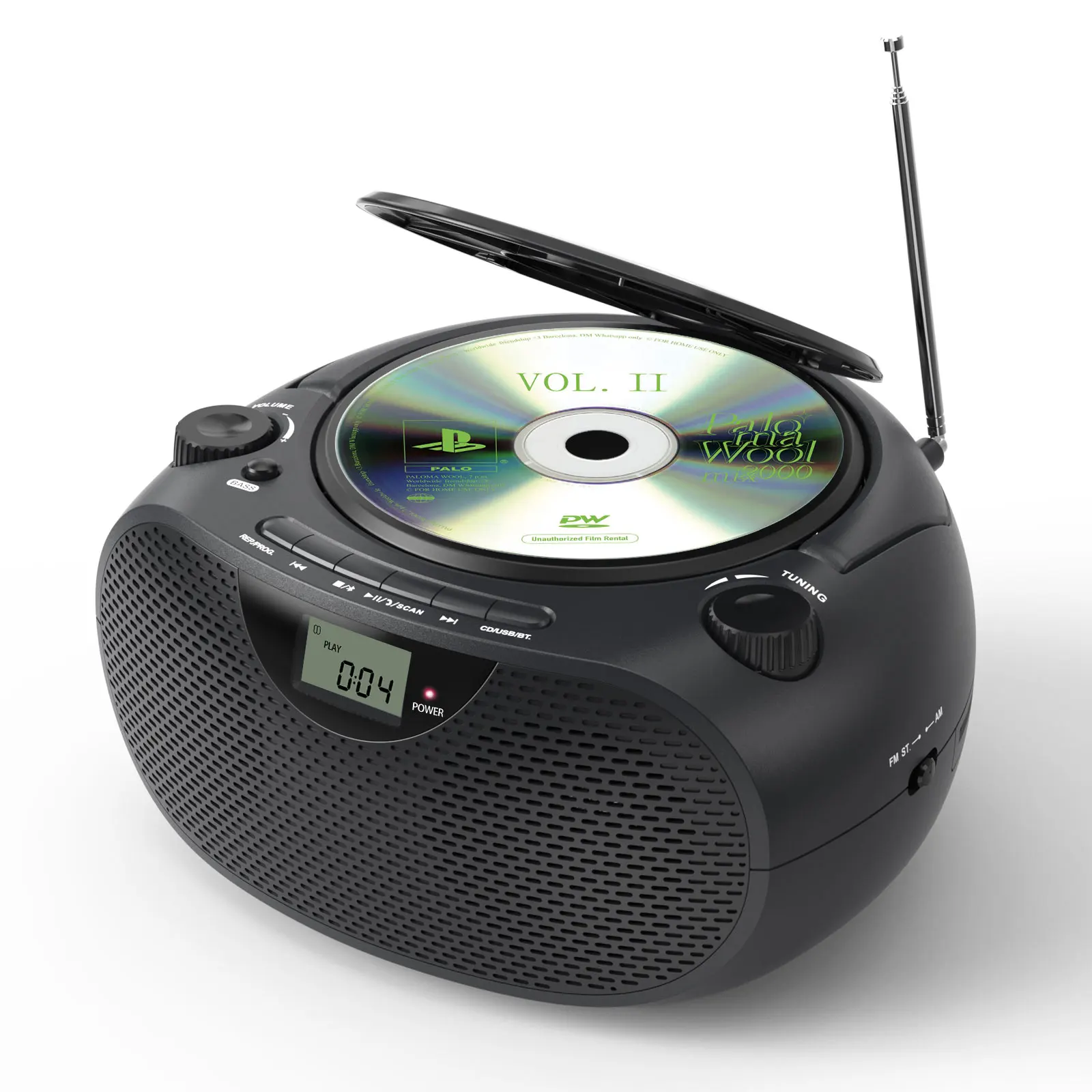 Portable CD Boombox with AM FM Radio Bluetooth and USB, Bass Boost Loud Speakers AC and DC Power